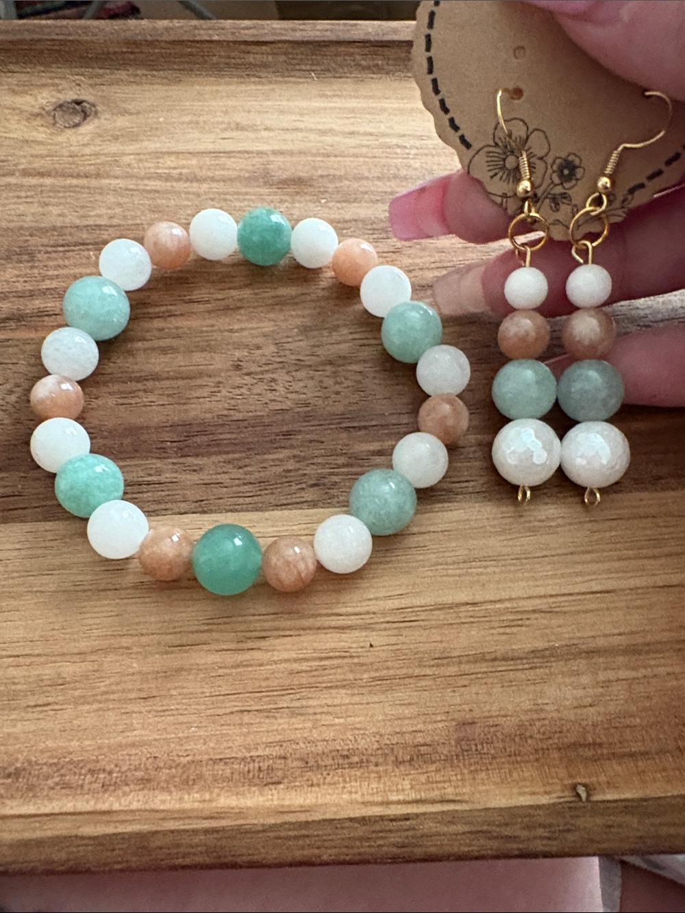 Handmade Beaded Bracelet & Earrings Set- Amazonite, Sunstone, & Quartz